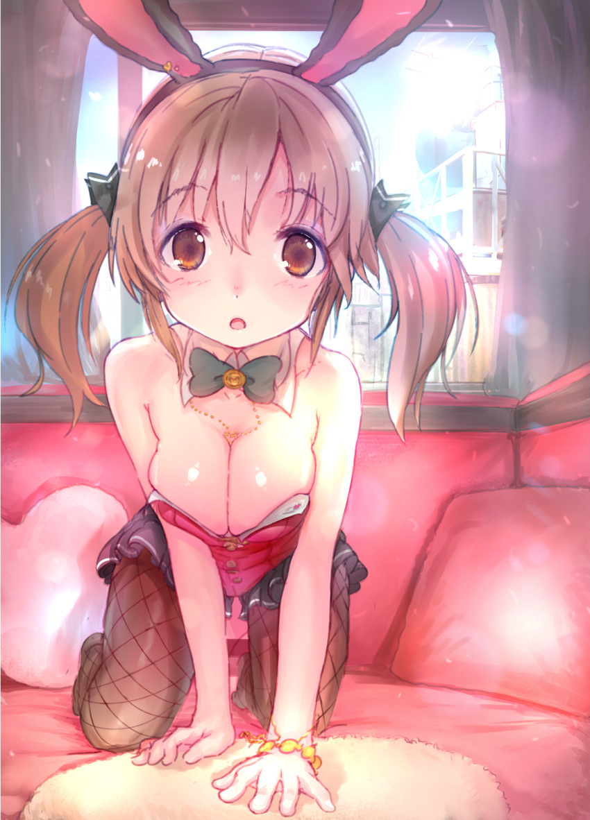 1girl :o all_fours animal_ears bare_shoulders blush bow bracelet breasts brown_eyes brown_hair brown_legwear bunnysuit cleavage detached_collar fishnet_pantyhose fishnets heart heart_pillow highres hunakaka_(you2662eternity) idolmaster idolmaster_cinderella_girls jewelry looking_at_viewer pantyhose pillow rabbit_ears solo totoki_airi twintails window
