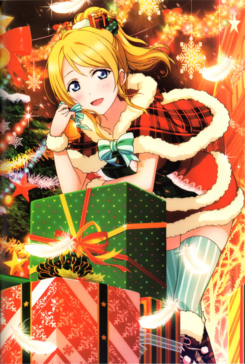 ayase_eli bell blonde_hair blue_eyes blush christmas feather gift long_hair love_live!_school_idol_project night official_art ponytail ribbon smile