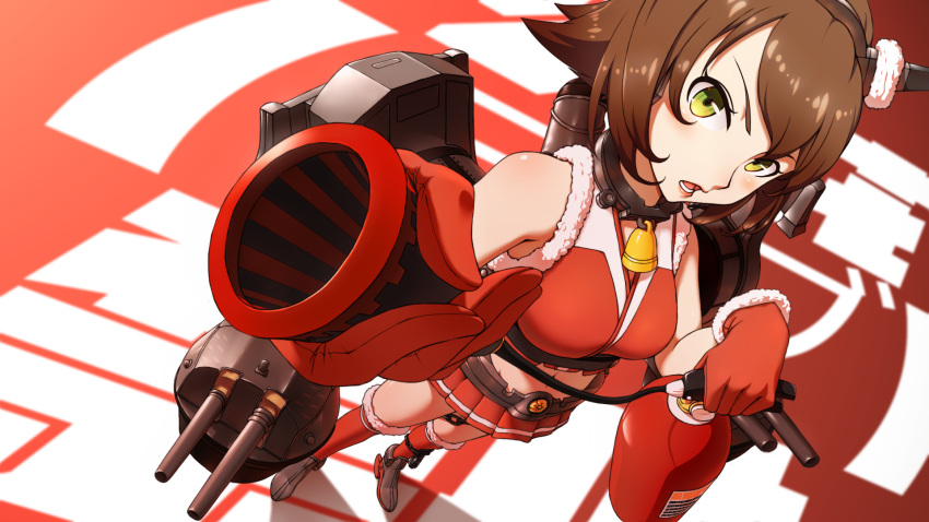 1girl adapted_costume alternate_costume bell brown_hair christmas dutch_angle fire_extinguisher from_above green_eyes highres holding kantai_collection looking_at_viewer machinery mutsu_(kantai_collection) open_mouth short_hair solo translation_request turret yan_wan