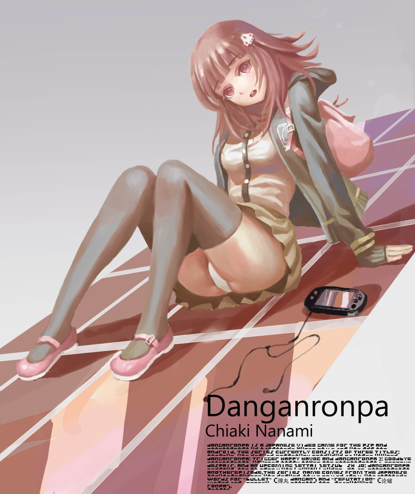 1girl absurdres arm_support backpack bag black_legwear brown_hair brown_skirt buttons character_name copyright_name dangan_ronpa dangan_ronpa_1 digital_media_player earphones earphones full_body grey_shirt hair_ornament hairclip highres hoodie jacket knees_together_feet_apart ldh leaning_back long_sleeves looking_at_viewer mary_janes miniskirt nanami_chiaki on_floor open_mouth panties pantyshot pantyshot_(sitting) pink_eyes pleated_skirt red_shoes reflection reflective_floor revision school_uniform shirt shoes sitting skirt sleeves_past_wrists small_breasts solo thigh-highs underwear white_panties