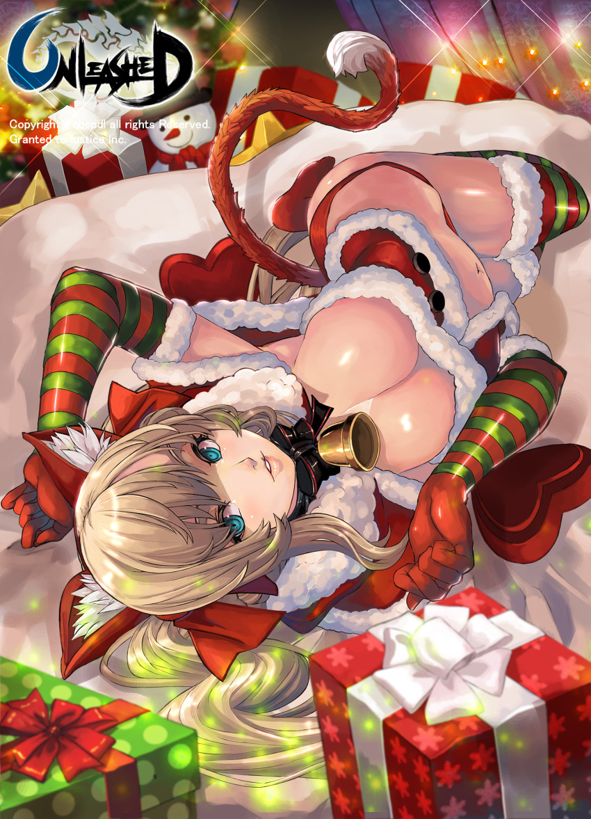 1girl animal_ears bell blue_eyes blush box breasts brown_hair cat_ears cat_tail cleavage curtains elbow_gloves gift gift_box gloves heart highres jingle_bell large_breasts lips long_hair navel original panties parted_lips qbspdl red_panties smile snowman solo striped striped_gloves striped_legwear tail thigh-highs underwear unleashed
