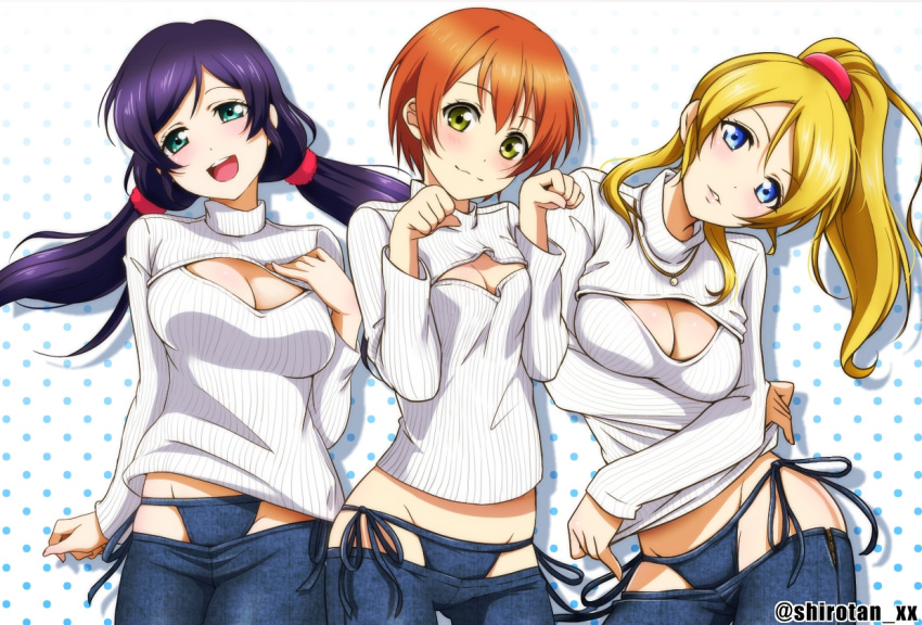 3girls ayase_eli blonde_hair blue_eyes blush breasts cleavage cleavage_cutout collage contrapposto cowboy_shot denim green_eyes head_tilt hoshizora_rin jeans jewelry large_breasts looking_at_viewer love_live!_school_idol_project low_twintails lowleg lowleg_pants mound_of_venus multiple_girls necklace open-chest_sweater orange_hair pants paw_pose ponytail purple_hair ribbed_sweater scrunchie shiroyasha short_hair small_breasts sweater toujou_nozomi turtleneck twintails yellow_eyes