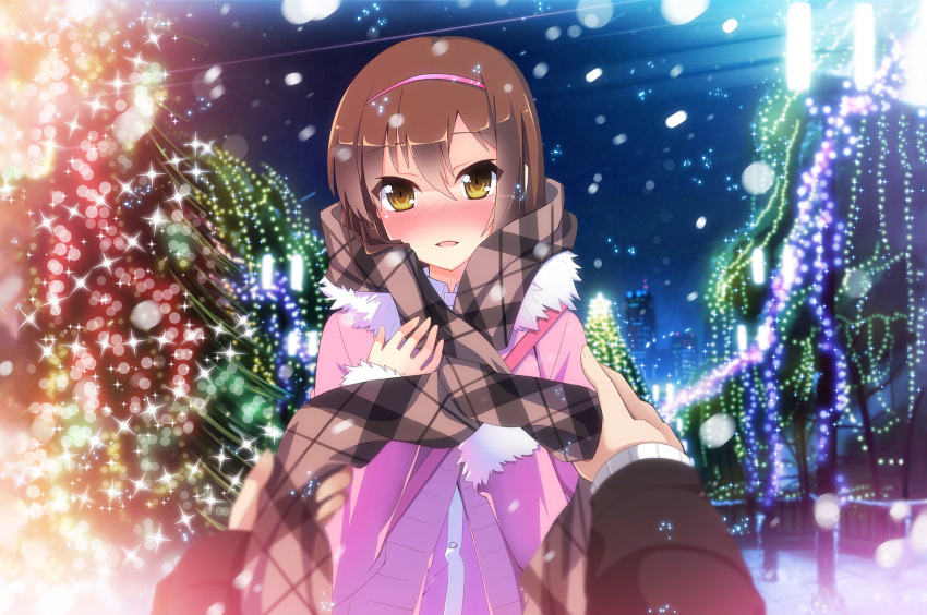 aoyama_nanami blush brown_hair christmas hairband highres open_mouth sakura-sou_no_pet_na_kanojo scarf smile snow solo_focus uiu yellow_eyes