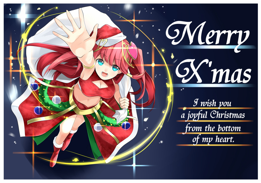 1girl :d armlet blue_eyes boots breasts christmas christmas_ornaments cleavage cleavage_cutout english from_above fur_trim gochiwa hair_ornament hair_tubes hat heart heart_hair_ornament highres light_particles long_hair merry_christmas mound_of_venus navel open_mouth pink_hair puzzle_&amp;_dragons red_skirt santa_boots santa_costume santa_hat skirt smile solo tiara two_side_up venus_(p&amp;d)