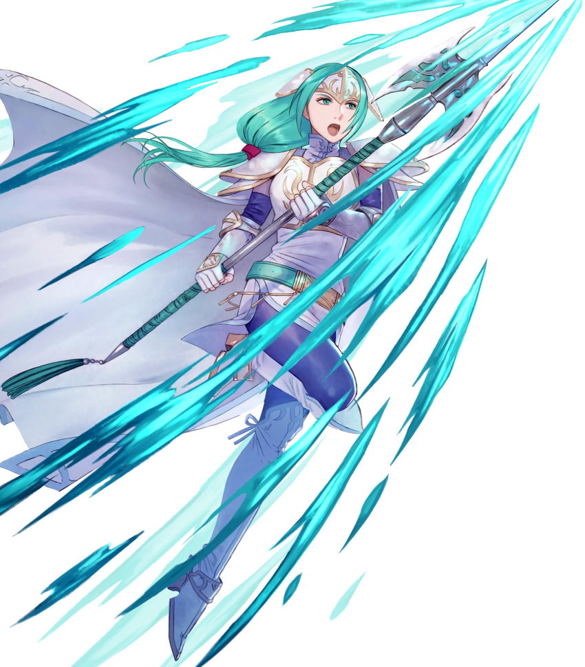 1girl aqua_eyes aqua_hair arm_guards armor belt boots cape elbow_gloves fingerless_gloves fire_emblem fire_emblem:_path_of_radiance fire_emblem_heroes full_body gloves hair_ornament headpiece highres holding holding_weapon long_hair looking_away low-tied_long_hair non-web_source official_art pikomaro polearm shiny shiny_hair shoulder_armor sigrun solo spear tied_hair transparent_background turtleneck weapon white_footwear