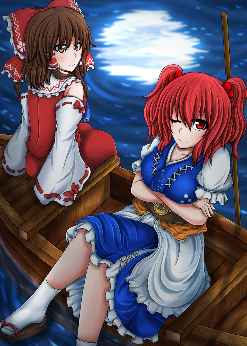 2girls belt boat bow breast_rest breasts brown_hair coin collarbone crossed_arms crossed_legs detached_sleeves facing_away full_moon hair_bobbles hair_bow hair_ornament hair_tubes hakurei_reimu highres layered_dress looking_at_viewer looking_back moon multiple_girls one_eye_closed onozuka_komachi orange_eyes reclining red_eyes redhead reflection ribbon-trimmed_sleeves ribbon_trim sandals short_hair short_sleeves sitting smile suikyou_(aqua_cities) tabi touhou twintails water