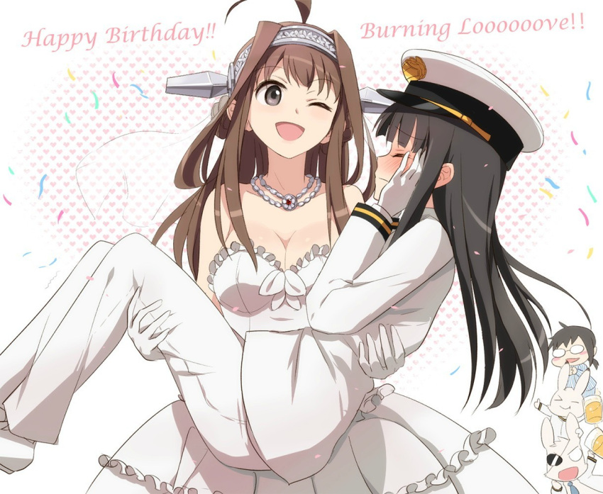 alcohol bare_shoulders beer black_hair blush breasts brown_hair carrying cleavage closed_eyes dress eyepatch female_admiral_(kantai_collection) glasses gloves hairband kantai_collection kisetsu kongou_(kantai_collection) long_hair military military_uniform multiple_girls naval_uniform one_eye_closed open_mouth pajamas princess_carry rabbit smile uniform wedding_dress yuri