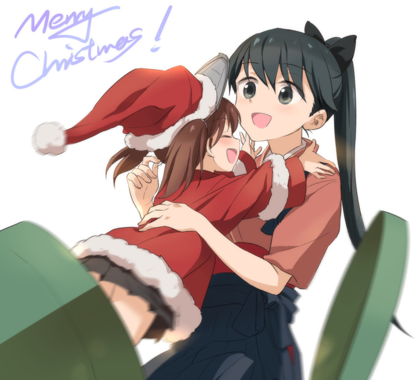 2girls black_eyes brown_eyes brown_hair closed_eyes dress hat houshou_(kantai_collection) incipient_hug japanese_clothes jumping kantai_collection long_hair multiple_girls open_mouth ponytail ryuujou_(kantai_collection) santa_costume santa_hat skirt smile twintails visor_cap younger