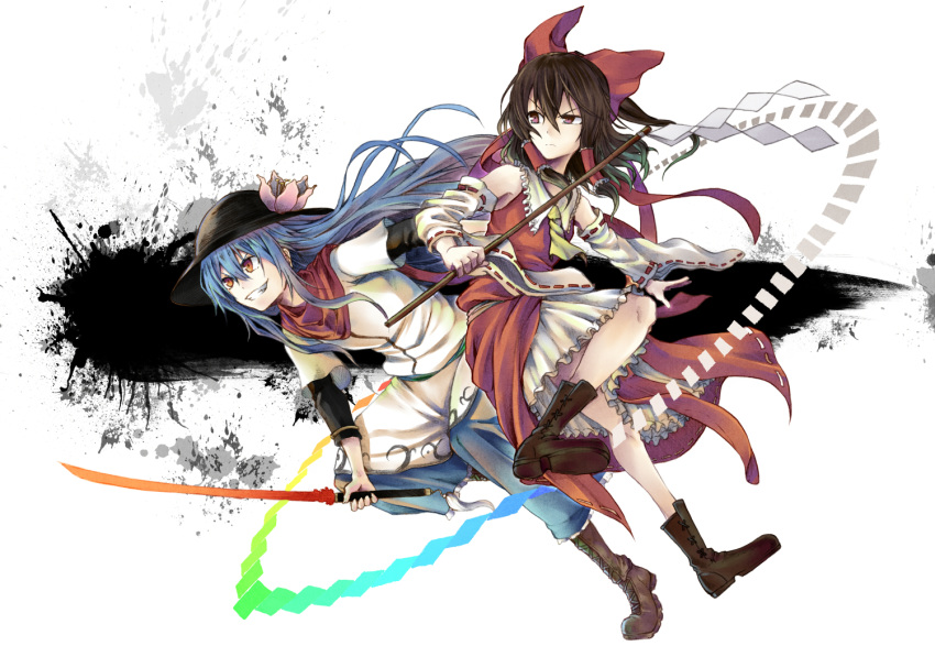 2girls adapted_costume ascot blue_hair boots bow clenched_teeth detached_sleeves dress flower frown gohei grin hair_bow hair_tubes hakurei_reimu hat hinanawi_tenshi holding_sword judo_fuu long_hair long_sleeves multiple_girls no_legwear open_clothes open_dress orange_eyes rainbow_order red_dress red_eyes ribbon-trimmed_sleeves ribbon_trim scarf serious short_hair short_sleeves skirt sleeveless smile sword_of_hisou tagme talismans touhou white_skirt