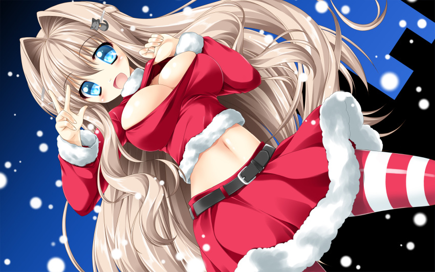 1girl :d belt blue_eyes breasts brown_hair bursting_breasts cat_hair_ornament cleavage cleavage_cutout dutch_angle hair_ornament highres kamiya_tomoe long_sleeves open_mouth pantyhose smile snowing striped striped_legwear tagme v