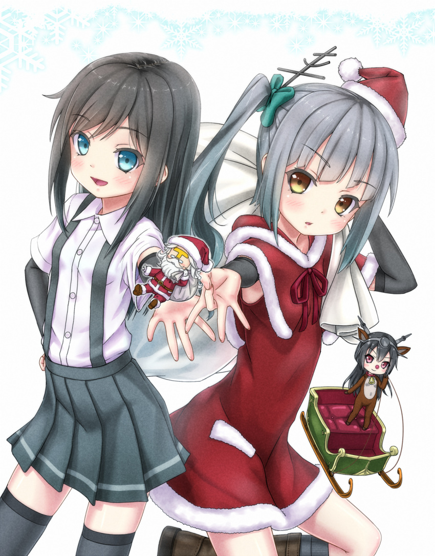 1boy 1girl 3girls admiral_(kantai_collection) alternate_costume animal_costume arm_warmers asashio_(kantai_collection) black_hair blue_eyes blush boots brown_boots brown_eyes caplet chibi christmas collared_shirt cowboy_shot gotou_hisashi grey_skirt hair_ornament hand_on_hip hand_on_own_head hat headgear highres kantai_collection kasumi_(kantai_collection) long_hair looking_at_viewer mini_santa_hat multiple_girls nagato_(kantai_collection) one_leg_raised pleated_skirt red_eyes red_skirt reindeer_costume santa_costume santa_hat side_ponytail silver_hair simple_background skirt sleigh smile suspenders thigh-highs white_background