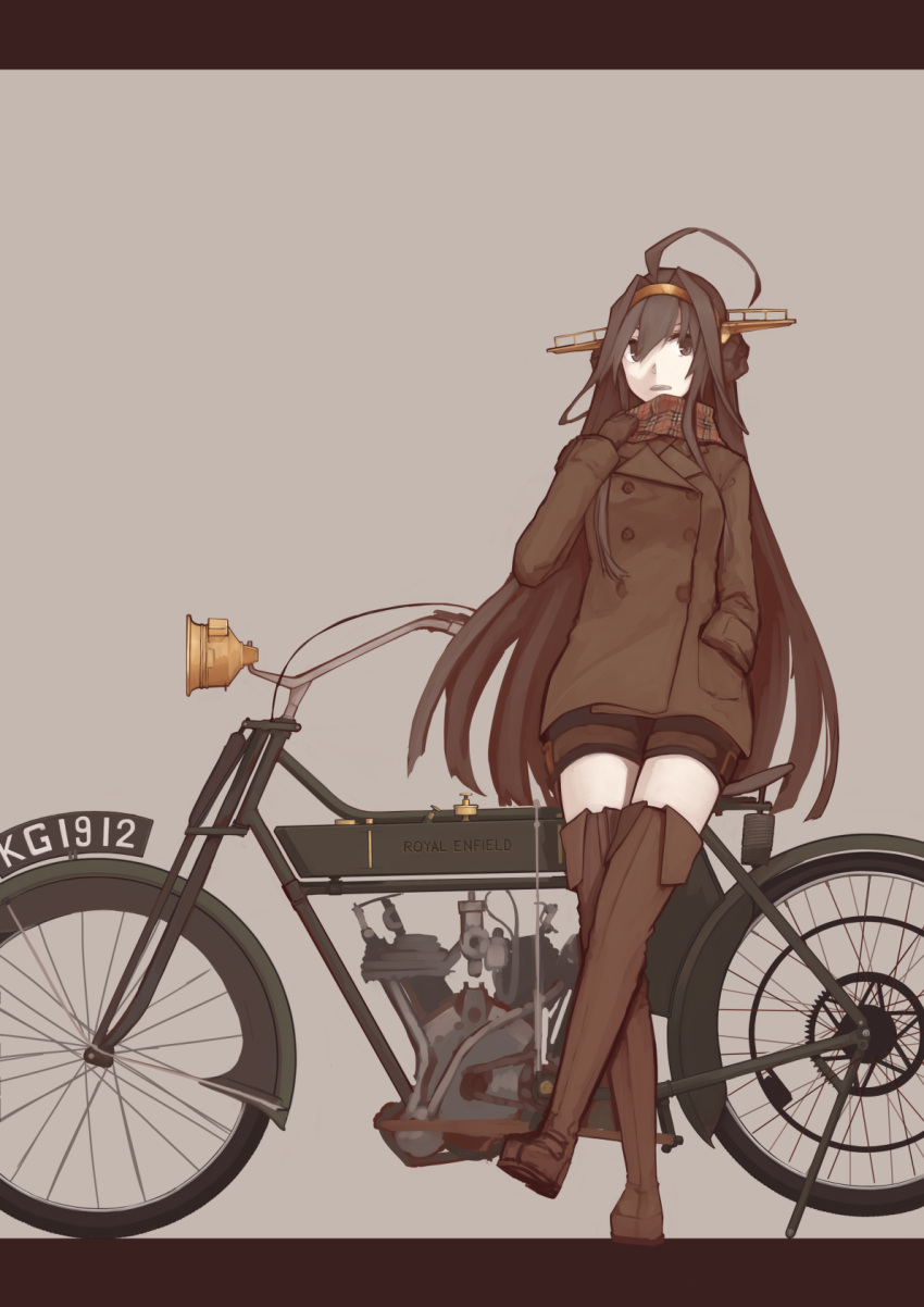 1girl ahoge alternate_costume brown_background brown_legwear coat crossed_legs double-breasted hand_in_pocket headgear highres kantai_collection kongou_(kantai_collection) leaning_back looking_at_viewer mikoto_(oi_plus) monochrome motor_vehicle motorcycle open_mouth plaid plaid_scarf scarf simple_background solo thigh-highs vehicle