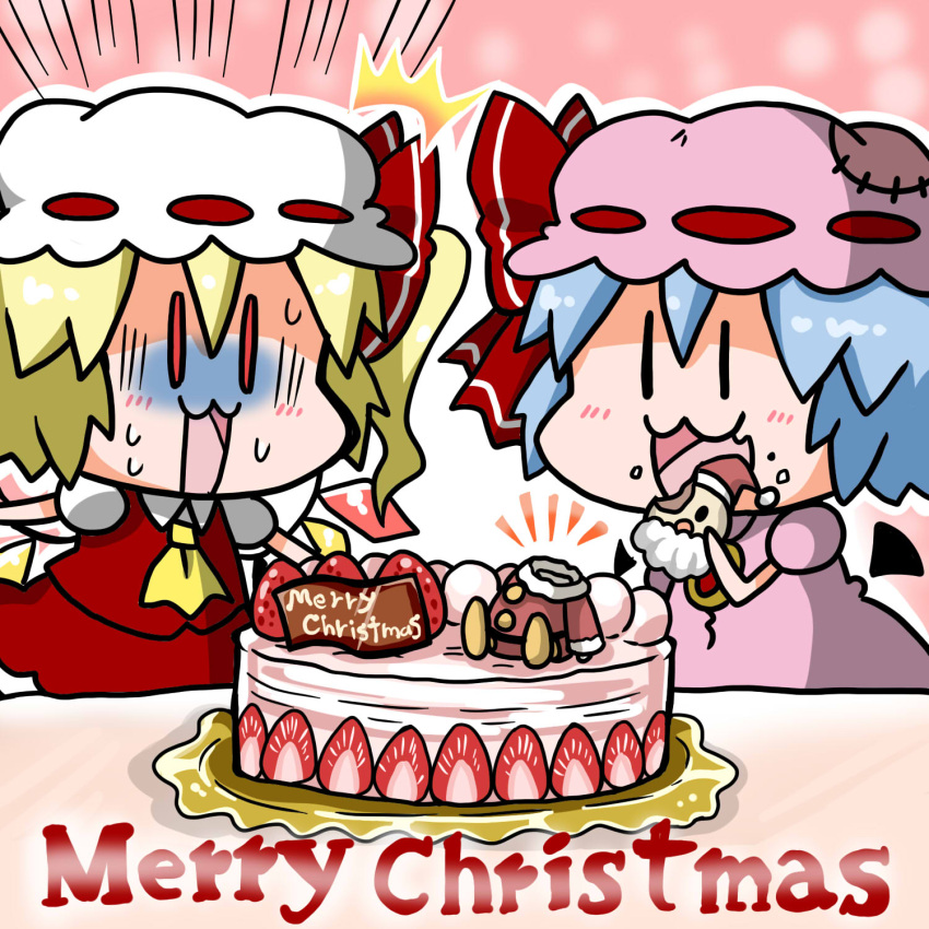 2girls :3 :d =3 =d ascot blonde_hair blue_hair cake chibi christmas flandre_scarlet food from_side highres merry_christmas mob_cap multiple_girls noai_nioshi open_mouth ponytail red_eyes remilia_scarlet smile sweat touhou |_|