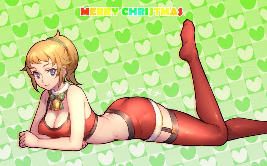 1girl ass bell bell_collar blue_eyes breasts brown_hair christmas cleavage collar english feet garter_straps gundam gundam_build_fighters gundam_build_fighters_try heart highres hoshino_fumina large_breasts leg_up lying merry_christmas midriff on_stomach ponytail ryushin solo thigh-highs