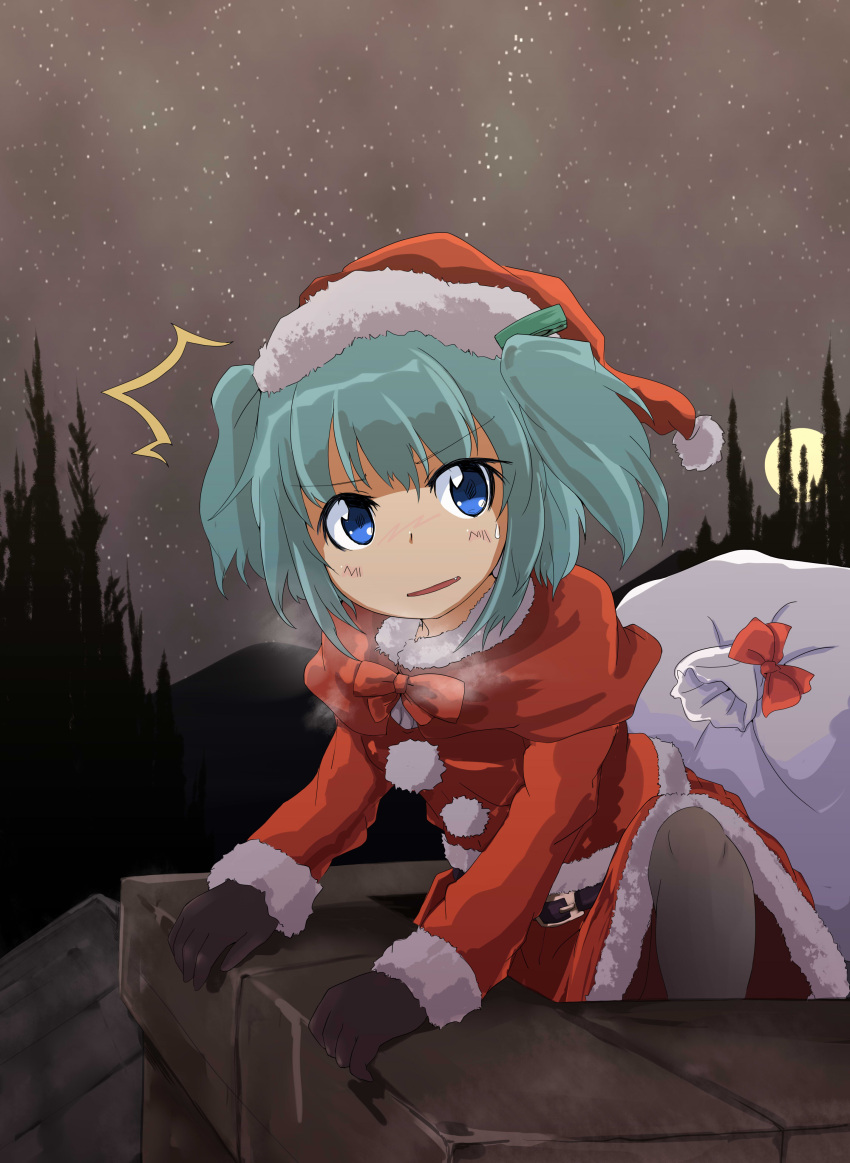 /\/\/\ 1girl absurdres aqua_hair belt black_gloves black_legwear blue_eyes blue_hair blush bowtie breath buttons capelet chimney christmas dress fang forest full_moon gloves hair_ornament hat hayate-s highres kawashiro_nitori long_sleeves moon mountain nature night night_sky nose_blush open_mouth pantyhose pom_pom_(clothes) red_dress red_hat ribbon rooftop sack santa_costume santa_hat short_hair sky solo star_(sky) starry_sky surprised sweatdrop touhou tree twintails