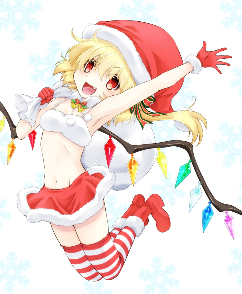 1girl :d armpits blonde_hair christmas fang flandre_scarlet gloves hat highres komiru long_hair looking_at_viewer navel open_mouth red_boots red_eyes red_gloves red_skirt santa_boots santa_hat side_ponytail simple_background skirt smile solo striped striped_legwear touhou white_background wings