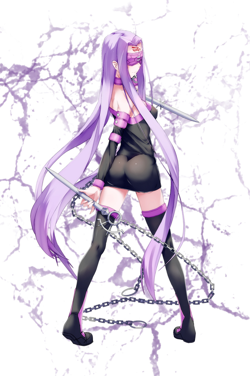 1girl ass blindfold chain dagger fate/stay_night fate_(series) highres long_hair maoxingzhe purple_hair rider solo very_long_hair weapon