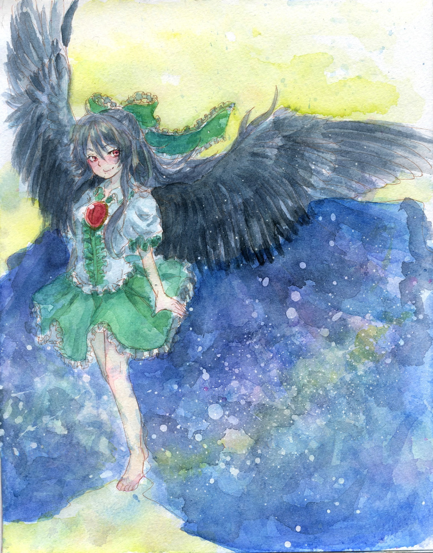 1girl barefoot black_hair black_wings blush bow frilled_ribbon frilled_shirt frilled_skirt frilled_sleeves frills hair_bow highres long_hair piyo_(piyoko528) puffy_short_sleeves puffy_sleeves red_eyes reiuji_utsuho short_sleeves skirt smile solo touhou traditional_media watercolor_(medium) wings