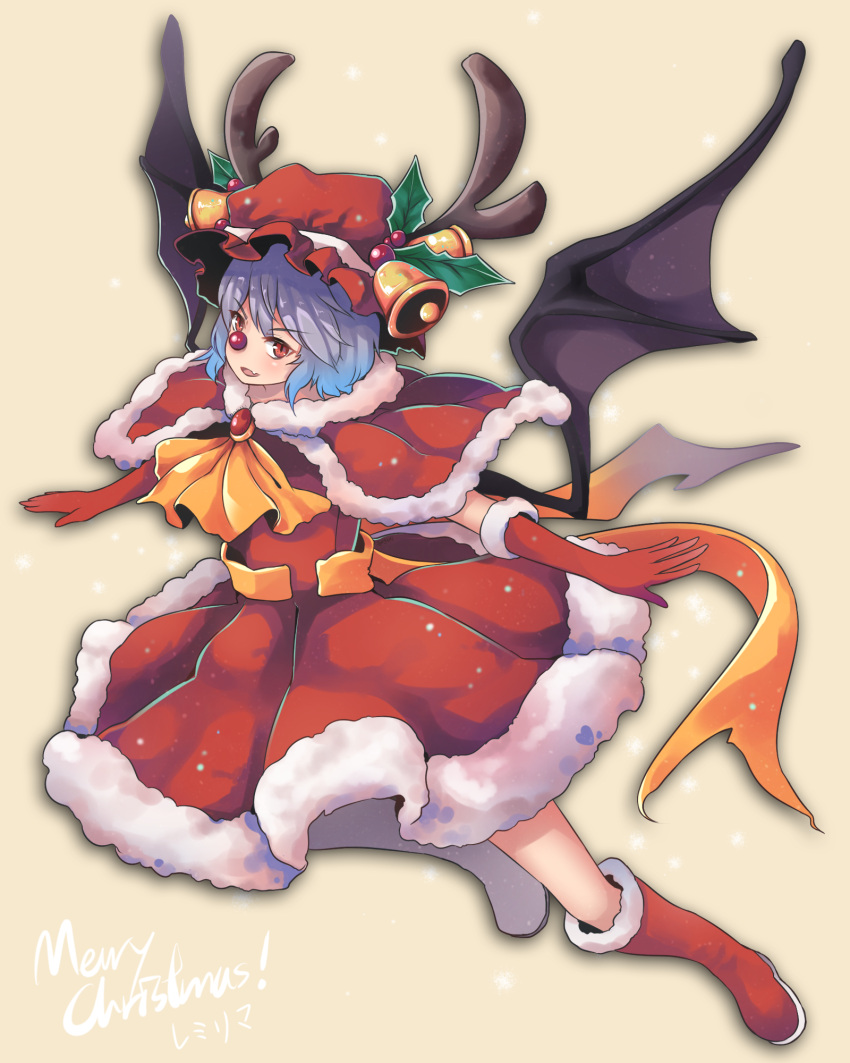 1girl alternate_costume antlers bat_wings blue_hair elbow_gloves fuente gloves hat highres merry_christmas open_mouth red_eyes red_nose reindeer_antlers remilia_scarlet ribbon santa_costume santa_hat short_hair smile solo touhou wings