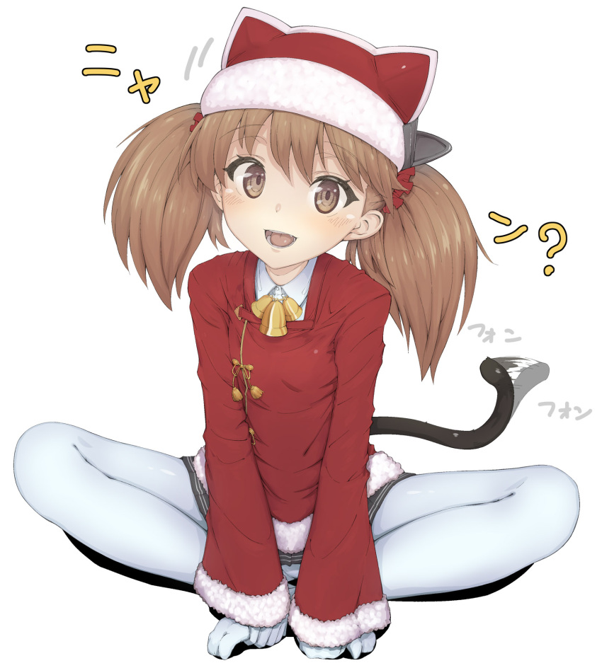 1girl ? bell bell_collar black_skirt blush brown_eyes brown_hair butterfly_sitting cat_tail christmas collar hair_ornament hands_on_feet hat highres japanese_clothes kantai_collection kariginu kemonomimi_mode looking_at_viewer pleated_skirt ryuujou_(kantai_collection) santa_costume santa_hat simple_background sitting skirt solo tail tail_wagging twintails urigarasu white_background white_legwear