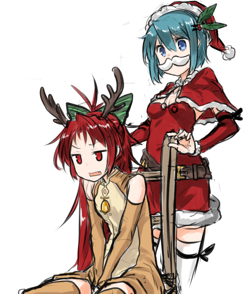 2girls adapted_costume animal_costume antlers bell belt blue_eyes blue_hair bow christmas fake_mustache fang hair_bow hair_ornament hairclip hat highres kaho_(amal135) long_hair mahou_shoujo_madoka_magica miki_sayaka multiple_girls ponytail red_eyes redhead reindeer_costume reins sakura_kyouko santa_costume santa_hat short_hair simple_background thigh-highs white_background zettai_ryouiki