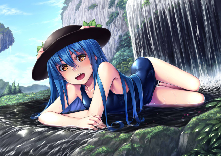 1girl absurdres bare_shoulders blue_hair blush brown_eyes clouds collarbone food fruit h_kasei hat highres hinanawi_tenshi long_hair looking_at_viewer lying on_stomach open_mouth peach red_eyes revision school_swimsuit sky smile solo swimsuit touhou water waterfall wet