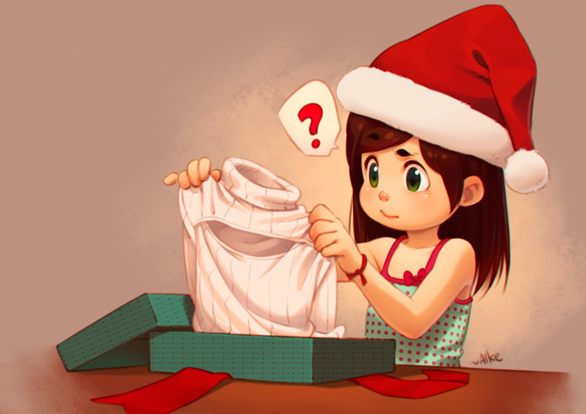 1girl alkemanubis brown_hair flat_chest green_eyes hat long_hair open-chest_sweater original santa_hat solo sweater