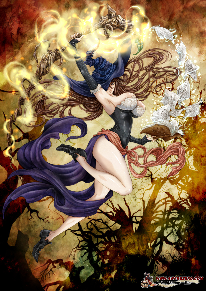 1girl arm_up armpits book breasts brown_eyes brown_hair dragon's_crown dress elbow_gloves fingerless_gloves gloves hat highres huge_breasts legs long_hair magic noh_seong-min shoes solo sorceress_(dragon's_crown) staff thighs very_long_hair witch_hat