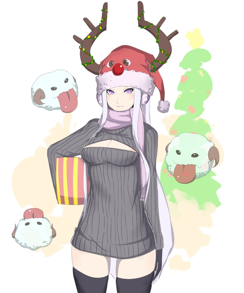 1girl absurdres animal_hat antlers black_legwear box breasts cleavage cowboy_shot earmuffs gift gift_box hat highres kumiko_(aleron) league_of_legends long_hair open-chest_sweater red_nose reindeer_antlers ribbed_sweater santa_hat scarf silver_hair solo standing sweater sweater_dress syndra thigh-highs violet_eyes zettai_ryouiki