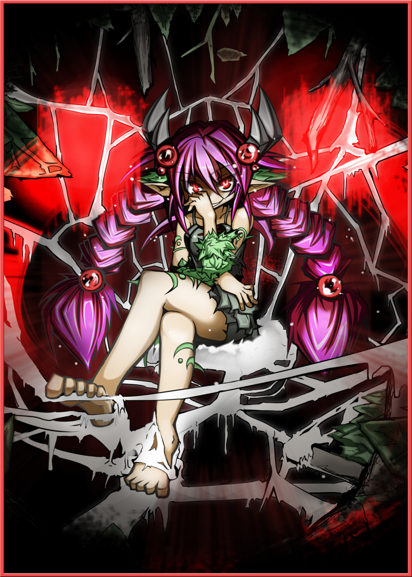 1girl absurdres braid duel_monster hair_bobbles hair_ornament highres insect_girl long_hair looking_at_viewer monster_girl navel pointy_ears purple_hair red_eyes silk skirt smile solo spider_girl spider_web spirit-edge tattoo traptrix_atrax twin_braids twintails yuu-gi-ou
