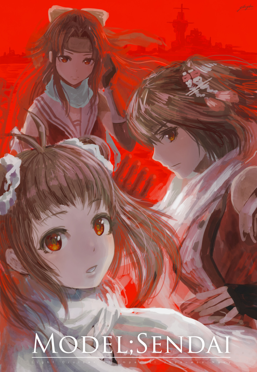 3girls absurdres antenna_hair brown_eyes brown_hair double_bun from_side gibagiba hair_ornament headband highres jintsuu_(kantai_collection) kantai_collection long_hair looking_at_viewer multiple_girls naka_(kantai_collection) red_background scarf sendai_(kantai_collection) short_hair signature sketch