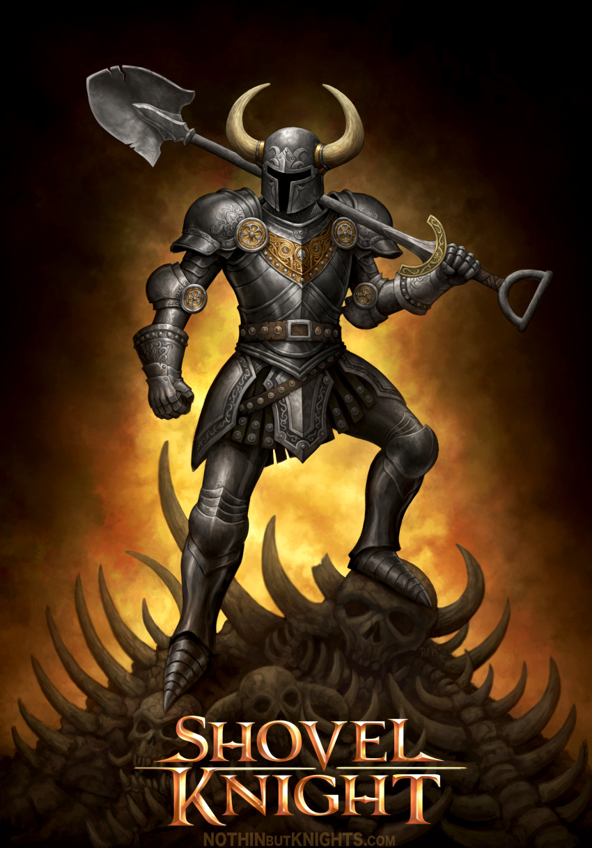 1boy absurdres armor full_armor goldendaniel helmet highres shovel shovel_knight shovel_knight_(character) skeleton skull solo worktool