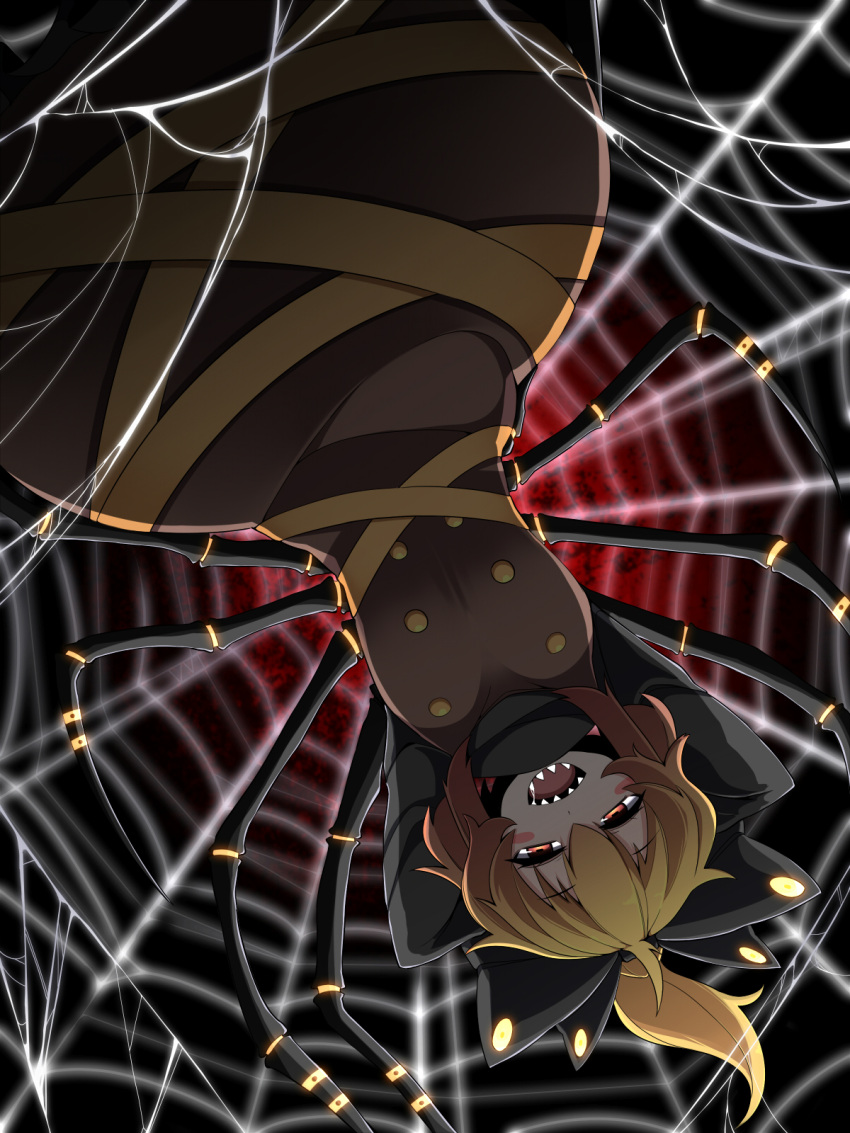 1girl arms_behind_head blonde_hair bow dress hair_bow highres insect_girl kurodani_yamame monster_girl open_mouth ponytail ribbon rihito_(usazukin) sharp_teeth short_hair silk smile solo spider_girl spider_legs spider_web touhou upside-down