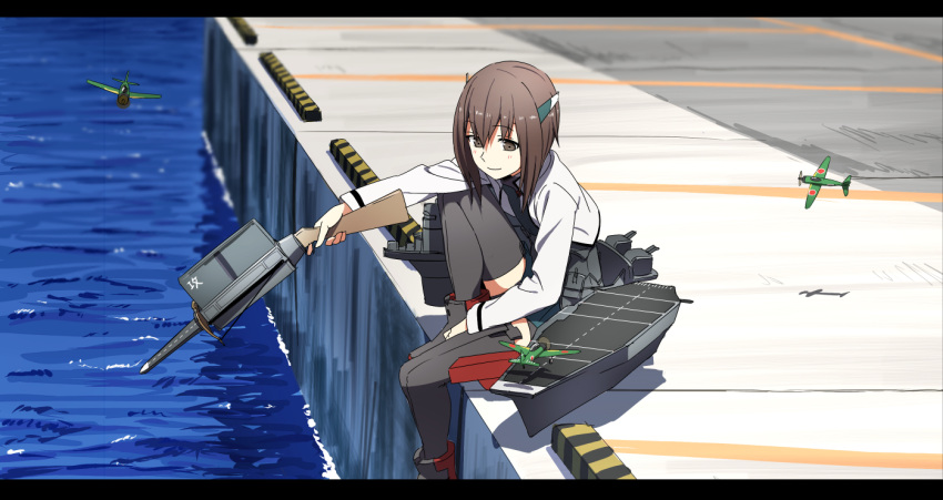 1girl airplane black_legwear brown_eyes brown_hair commentary_request flight_deck headgear kantai_collection kinosuke_(sositeimanoga) knee_up letterboxed machinery sitting smile solo taihou_(kantai_collection) thigh-highs water