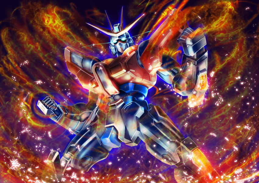 build_burning_gundam clenched_hands fire glowing glowing_eyes gundam gundam_build_fighters gundam_build_fighters_try mecha modoki_maru no_humans solo