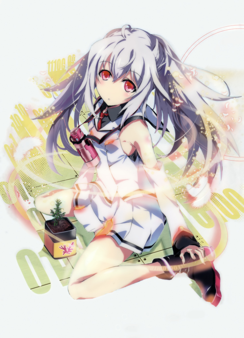 1girl absurdres artist_request bottle detached_sleeves grey_hair highres plant potted_plant red_eyes school_uniform sitting tagme wariza water_bottle