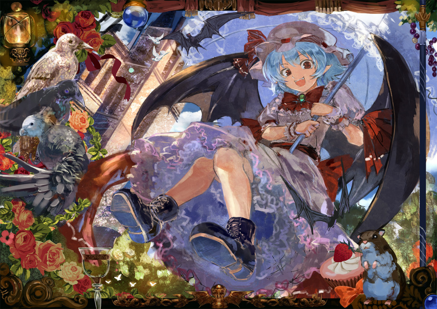 1girl bat bat_wings bird blue_hair dress fang flower mob_cap open_mouth parasol pointy_ears puffy_short_sleeves puffy_sleeves red_rose remilia_scarlet rose sash scarlet_devil_mansion short_sleeves smile solo touhou ultimate_asuka umbrella white_dress wings wrist_cuffs