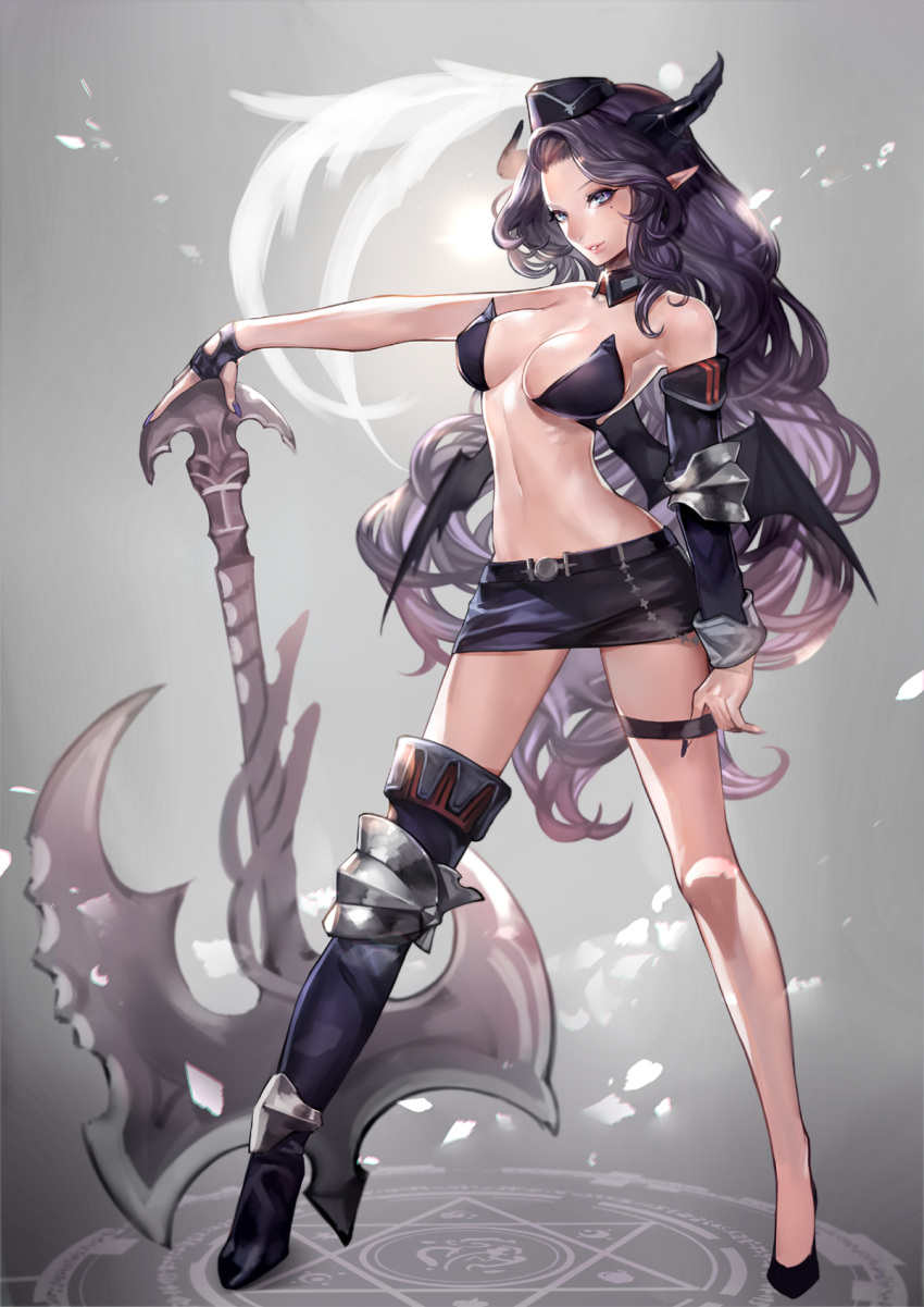 1girl asymmetrical_clothes asymmetrical_legwear axe bare_shoulders bat_wings black_eyes black_hair boots breasts cleavage detached_sleeves fingerless_gloves fingernails gloves hat highres hitowa horns long_fingernails long_hair miniskirt mole nail_polish navel original peaked_cap pointy_ears skirt slit_pupils smile solo thigh-highs thigh_boots thigh_strap weapon wings