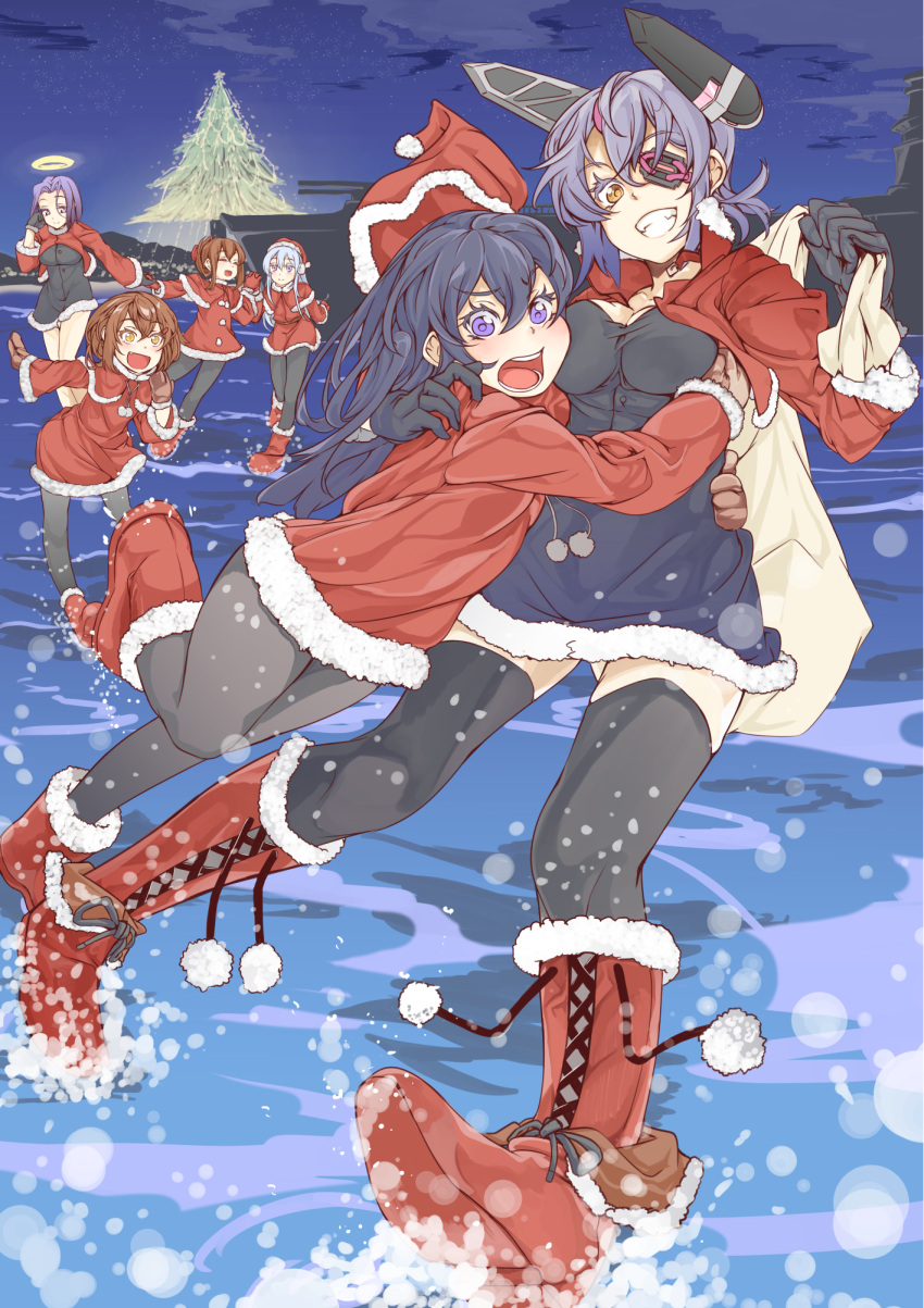 6+girls akatsuki_(kantai_collection) alternate_costume aqua_hair black_legwear brown_eyes brown_gloves brown_hair capelet christmas christmas_tree dress eyepatch folded_ponytail fur_trim gloves halo hat hat_removed head_on_chest headgear headwear_removed hibiki_(kantai_collection) highres hug ikazuchi_(kantai_collection) inazuma_(kantai_collection) kamo_(yokaze) kantai_collection long_hair looking_at_viewer mittens multiple_girls open_mouth pantyhose purple_hair red_boots red_dress sack santa_boots santa_costume santa_hat short_hair smile tatsuta_(kantai_collection) tenryuu_(kantai_collection)