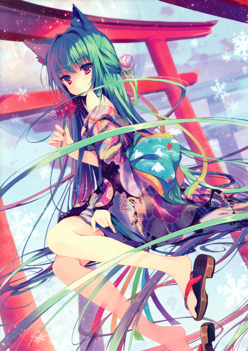 1girl absurdres animal_ears bare_shoulders flower fox_ears green_hair highres holding japanese_clothes kimono long_hair looking_at_viewer original red_eyes reia solo torii very_long_hair