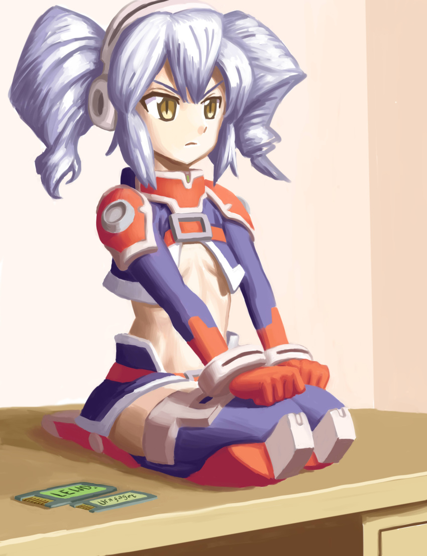 1girl absurdres android circuit_board crop_top disc_(needless) drawfag drill_hair elbow_gloves gloves hands_on_knees headphones highres long_hair midriff needless on_table seiza shoulder_pads silver_hair sitting small_breasts solo thigh-highs twin_drills twintails yellow_eyes zettai_ryouiki