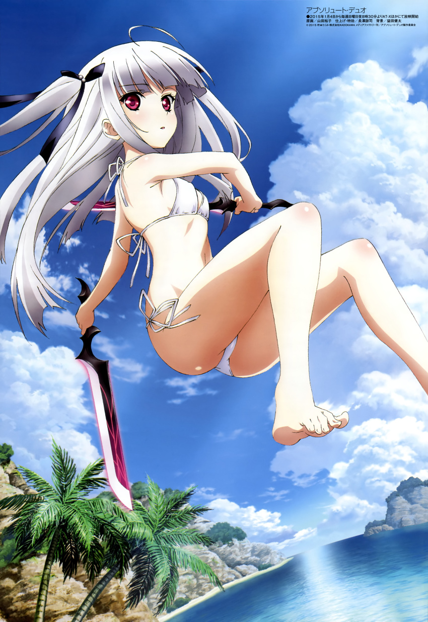 1girl absolute_duo absurdres ass bangs bare_legs barefoot bikini blunt_bangs dual_wielding highres long_hair parted_lips scan side-tie_bikini small_breasts solo string_bikini swimsuit sword two_side_up violet_eyes weapon white_bikini white_hair white_swimsuit yurie_sigtuna