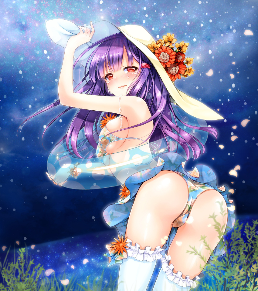 1girl akoni_(akoni11) bare_shoulders bikini bikini_skirt breasts crying crying_with_eyes_open embarrassed floral_print flower from_behind from_side hat hat_flower highres large_hat leaning_forward long_hair looking_at_viewer midriff original petals purple_hair red_eyes swimsuit tears thigh-highs under_boob white_hat white_legwear