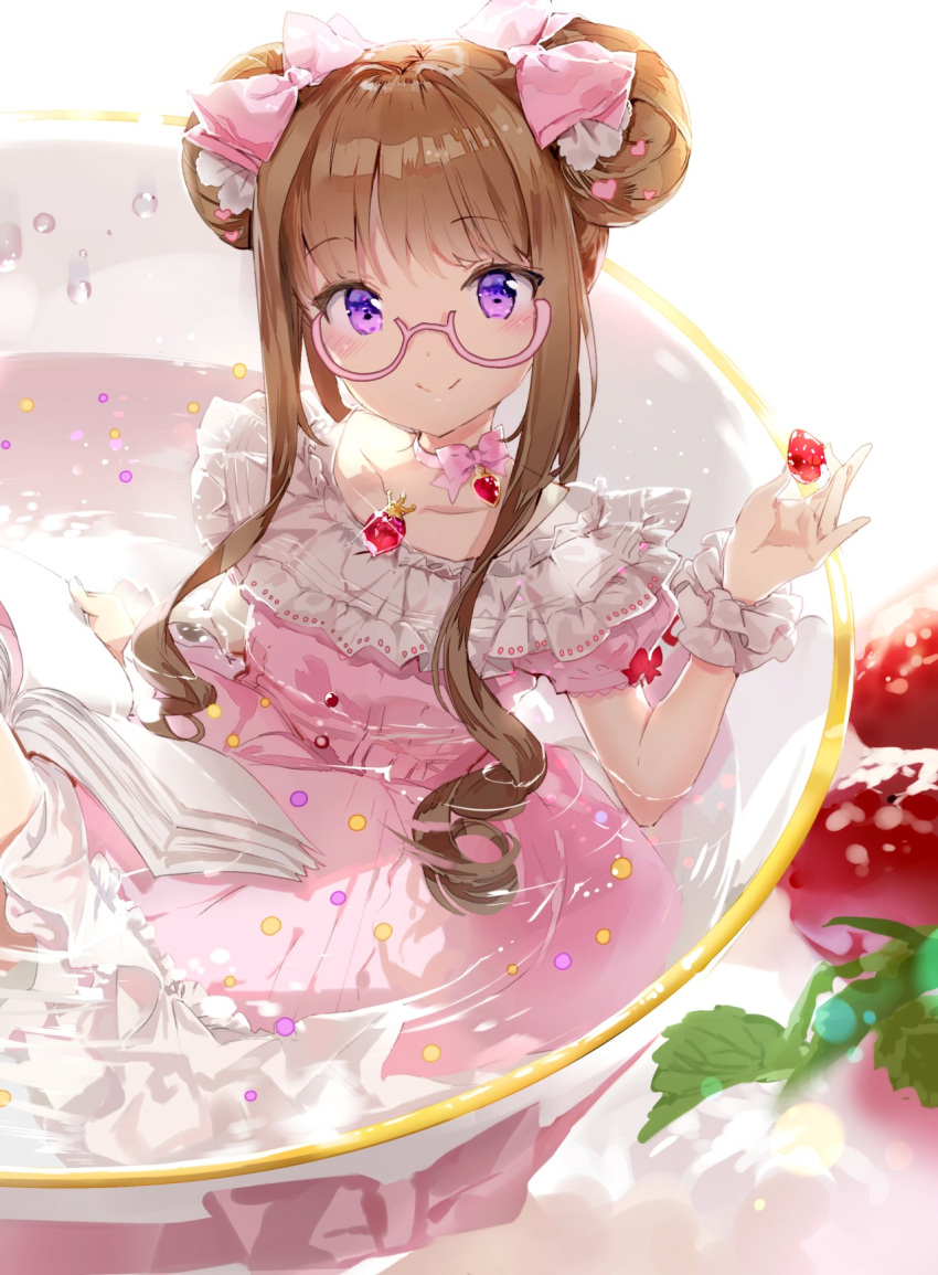 1girl anmi book bow brown_hair double_bun dress food fruit glasses hair_bow highres long_hair original partially_submerged semi-rimless_glasses smile solo strawberry under-rim_glasses violet_eyes water wristband