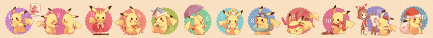 1girl absurdres blush brown_hair clothed_pokemon gift hair_ribbon haruka_(pokemon)_(remake) hat highres jirachi kabocha_torute long_image octillery painting pikachu pokemon pokemon_(creature) pokemon_(game) pokemon_oras rain ribbon santa_hat scarf sexual_dimorphism too_many_pikachu two_side_up umbrella wide_image