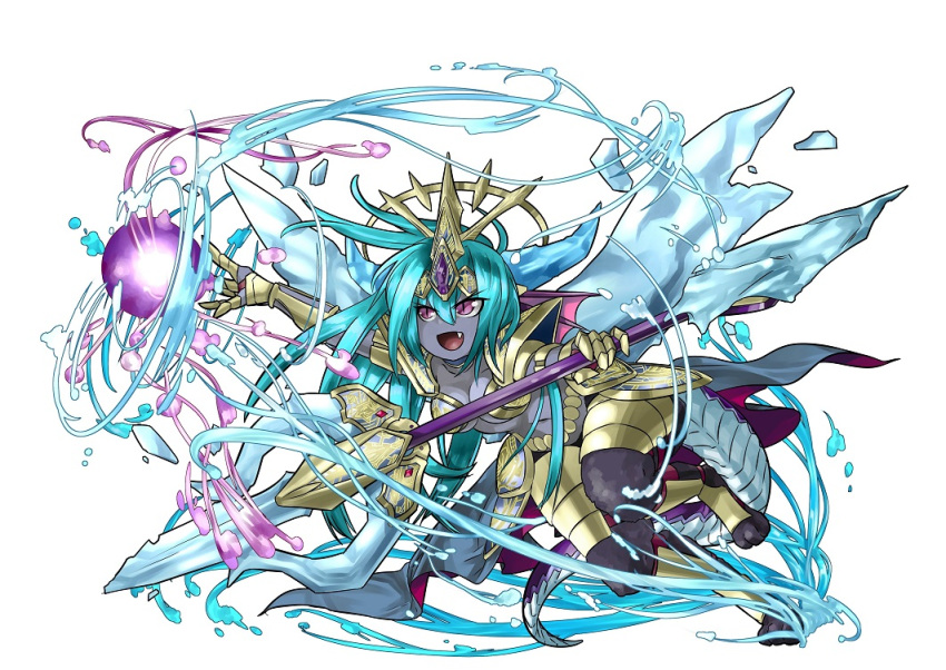 &gt;:d 1girl :d armlet armor bikini_armor blue_hair breasts choker cleavage collarbone demon_girl demon_horns demon_tail energy_ball fang full_body gauntlets glaive hellice_frost_demon_(p&amp;d) horns ice ice_wings kei_(keiclear) leg_up long_hair navel open_mouth pauldrons ponytail purple_skin puzzle_&amp;_dragons satyr simple_background slit_pupils smile solo tail tiara under_boob violet_eyes white_background wings