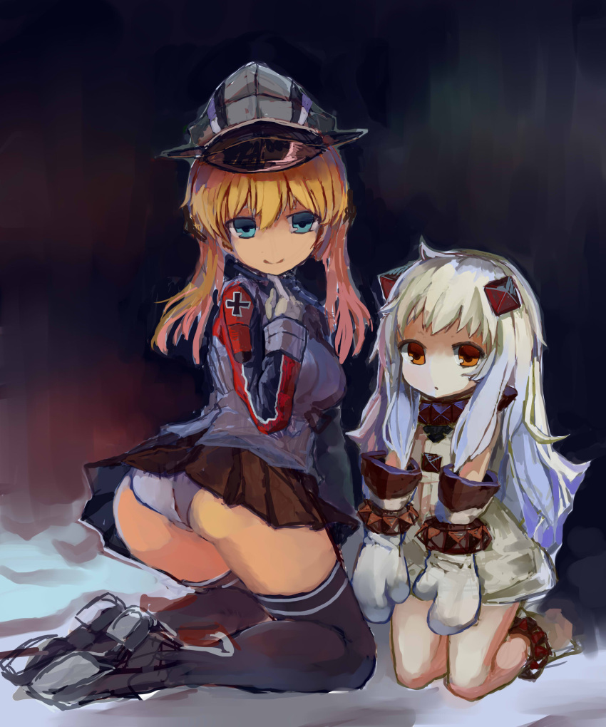 2girls absurdres anklet ass black_legwear black_ribbon black_skirt blonde_hair blue_eyes dress finger_to_chin finger_to_face gloves hair_ribbon hat highres horns iron_cross jewelry kantai_collection kneeling long_hair long_sleeves microskirt military military_uniform mittens multiple_girls no_nose northern_ocean_hime orange_eyes over-kneehighs pale_skin panties peaked_cap pleated_skirt prinz_eugen_(kantai_collection) ribbon shinkaisei-kan skirt sleeveless sleeveless_dress smile thigh-highs twintails underwear uniform white_dress white_gloves white_hair white_panties