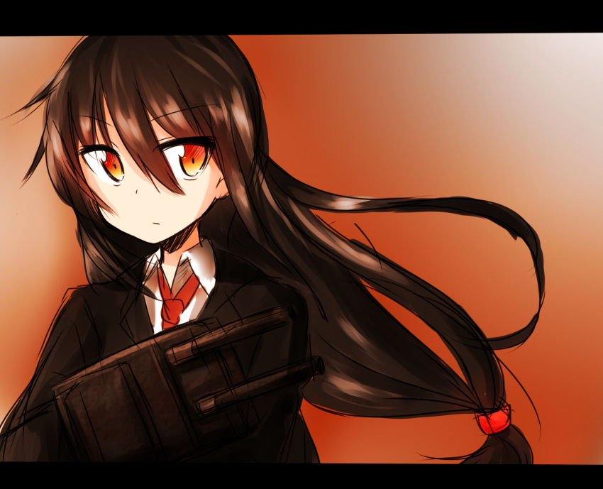 1girl black_hair blazer collared_shirt hatsushimo_(kantai_collection) highres kantai_collection keshiks_(keshiksext) letterboxed long_hair long_sleeves low-tied_long_hair multicolored_eyes necktie red_eyes solo turret yellow_eyes