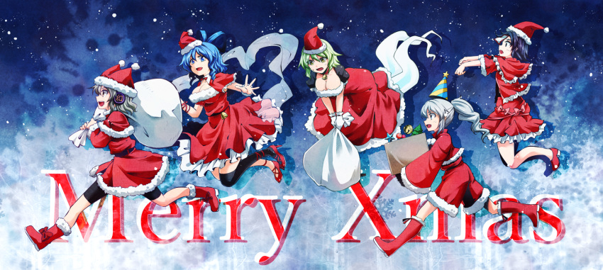 5girls adapted_costume alternate_costume bag bell bell_collar belt bike_shorts black_legwear blue_eyes blue_hair breasts capelet christmas_ornaments cleavage collar flying_sweatdrops ghost_tail green_eyes green_hair hair_rings hat hat_with_ears headphones highres jiangshi kakao_(noise-111) kaku_seiga large_breasts long_hair long_sleeves merry_christmas miyako_yoshika mononobe_no_futo multiple_girls open_mouth outstretched_arms over-kneehighs ponytail running santa_costume santa_hat shawl silver_hair smile soga_no_tojiko thigh-highs touhou toyosatomimi_no_miko wide_sleeves zombie_pose