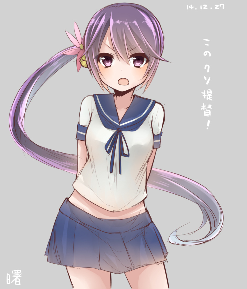 1girl akebono_(kantai_collection) akky_(akimi1127) blouse blue_skirt cowboy_shot flower grey_background hair_flower hair_ornament highres kantai_collection looking_at_viewer neckerchief open_mouth pleated_skirt sailor_collar school_uniform serafuku side_ponytail simple_background skirt solo violet_eyes
